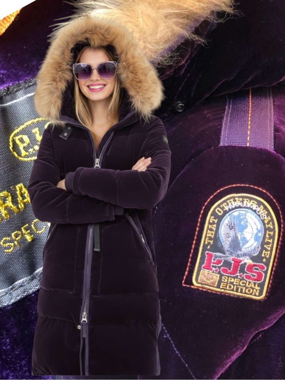 ParaJumpers Puffer Coat Purple Silk Velvet Quilted Down Fur Hood Long Bear